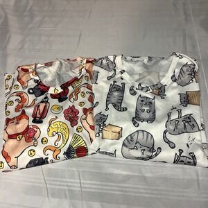 Cat-Themed Scrub Tops Women's Medium Front Pockets Comfy Fun Designs Nurse Vet